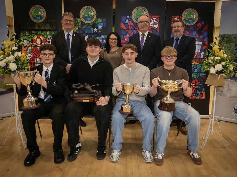 St. Columb's College Rugby Prize / Basketball Prize / Culmore GAA KS4 Gaelic Football Award / The Aodhan O’Donnell Award winners - Front from left, Thomas Coyle, Tyler Gorham, Rory Hope and Fionn Johnson pictured on Thursday evening. At back from left are Mr Donal Chambers, Head of Year 14, Mrs Caroline McLaughlin, Principal, Mr Tony McGonigle (Senior Teacher), and Mr John Johnston, Vice Principal. (Photos: Jim McCafferty Photography) : .