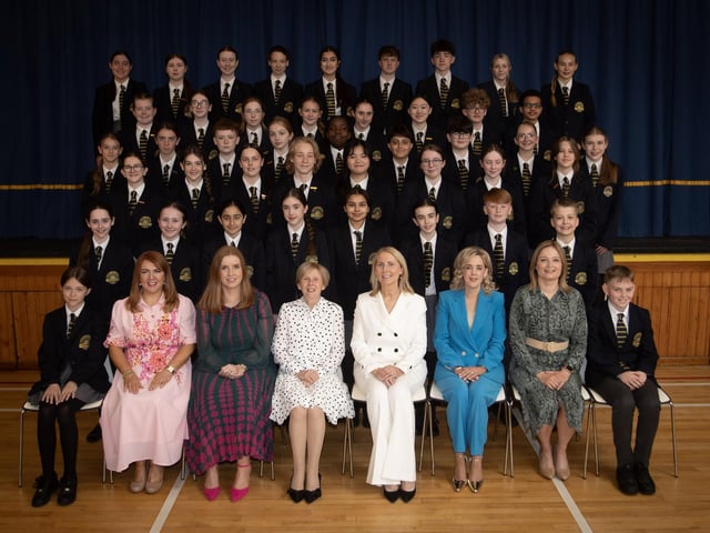 Lumen Christi College students who received Academic Achievement Awards pictured with Mrs Emer McCaffrey (Head of Year 9), Mrs Nora Dobbins (Senior Teacher), (Dr Marie Ferris Principal), Mrs Brónach O’Hare (Vice Principal), Mrs Léan McShane (Senior Teacher) and Ms Catherine Hughes (Senior Teacher).