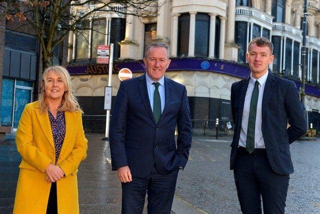 Economy Minister Conor Morphy with Foyle MLAs Ciara Ferguson and Pádraig Delargy.