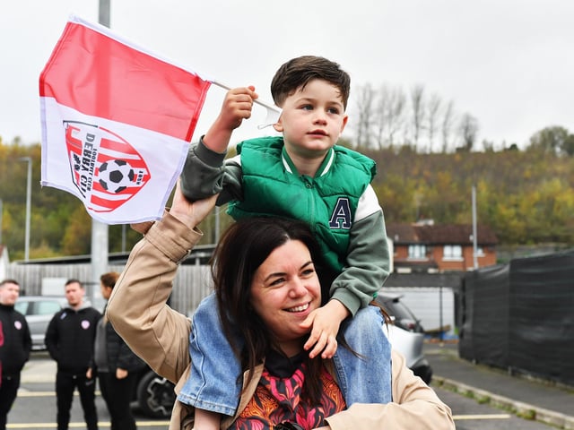 Derry City fans at the Brandywell Stadium on Saturday morning prior to the team’s departure for Dublin ahead of Sunday’s FAI Cup Final against Drogheda United. Photograph: George Sweeney