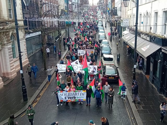 Thousands participate in Derry rally for Palestine calling for a ceasefire in Gaza on January 13, 2024