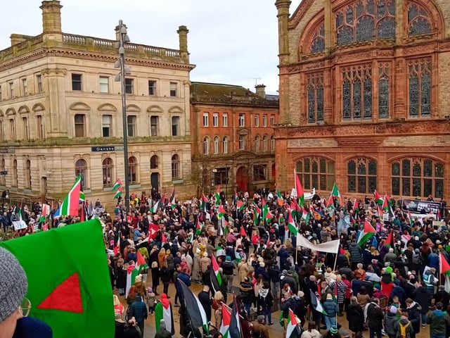 Thousands participate in Derry rally for Palestine calling for a ceasefire in Gaza on January 13, 2024