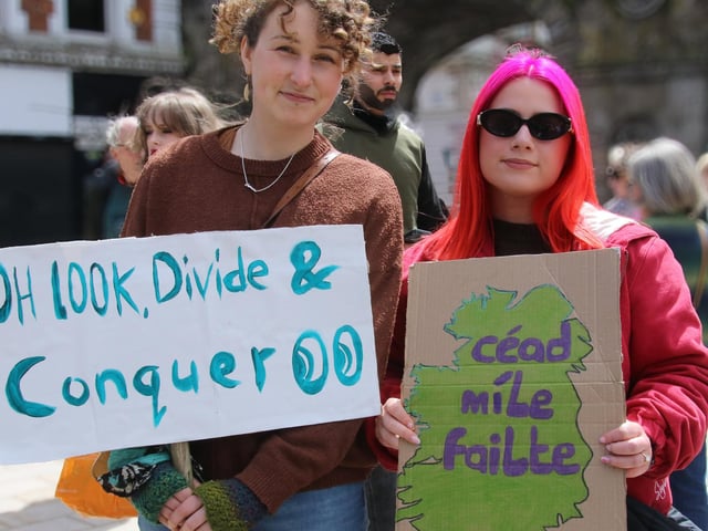 Two young women at the Unite Against Hate rally - Guildhall Square on Saturday. (Photo - Deirdre Heaney, nwpresspics)