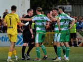 Shamrock Rovers players remonstrate with referee Damien McGraith after he awarded Derry City a late penalty. Photograph: George Sweeney