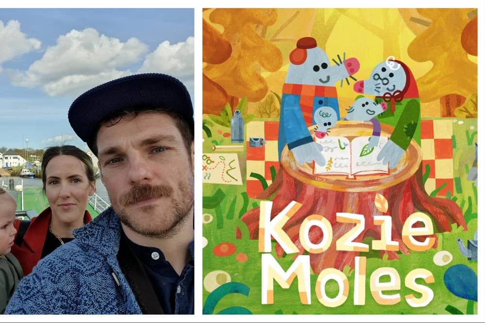 John Mackey with his partner Jemma Nic Lochlainn and their child Rowan. Kozie Moles artwork by Melissa Malone.