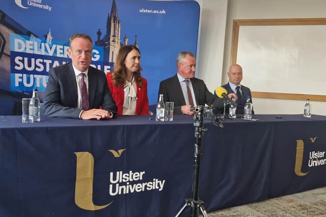 Economy Minister Conor Murphy with, from left, Magee Taskforce Chair, Stephen Kelly Magee Taskforce Vice Chair Nicola Skelly and Ulster University Vice-Chancellor Professor Paul Bartholomew.