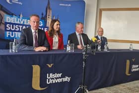 Economy Minister Conor Murphy with, from left, Magee Taskforce Chair, Stephen Kelly Magee Taskforce Vice Chair Nicola Skelly and Ulster University Vice-Chancellor Professor Paul Bartholomew.