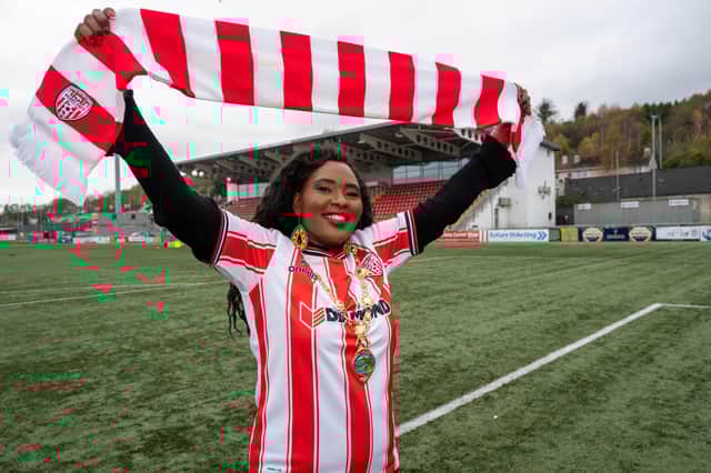 Derry City and Strabane District Council Mayor visited the Brandywell to give her support to Derry City ahead of this weekend FAI Cup Final. (Picture Martin McKeown.)