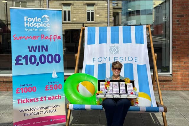 Foyle Hospice Director of Communications & Income Generation, Sheila Duffy, launching the Annual Summer Raffle at Foyleside.