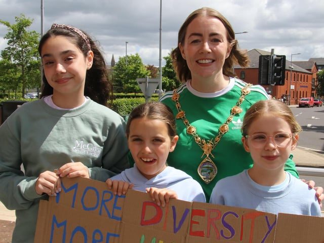 Mayor Grace Uí Niallais with young people taking part in the Unite Against Hate rally - Guildhall Square on Saturday. (Photo - Deirdre Heaney, nwpresspics)