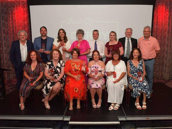 Derry Journal Best of Derry BetMcLean Award winners pictured with principal sponsor Paul McLean and compere Adrian Logan. Photo: George Sweeney. DER2325GS – 59