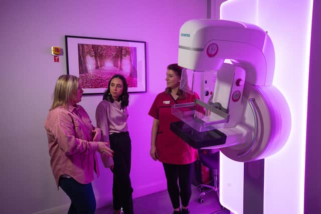 Alex Todd from its4women (left); Breast Friends Fundraiser and Social Media Influencer Francesca McKee (centre) and Action Cancer’s Senior Radiographer Éadaoin Smith (right) discuss the importance of breast screening and being Breast Aware. Photo: Brian Thompson.