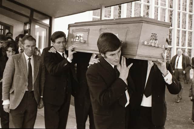 The coffin of Detective Sergeant John Doherty being borne from St. Patrick's Church Murlog on October 30, 1973.