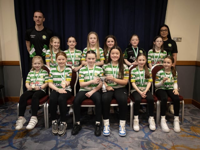 Top of the Hill Celtic, winners of the u-10 girls Summer Cup, pictured at the Annual D&D Awards Night on Saturday at the City Hotel. Included are coaches Ciaran McCloskey and Caoili Bradley. (Photos: Jim McCafferty Photography)