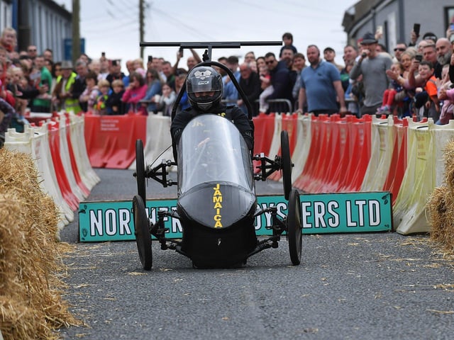 A competitor nose dives over a ramp during the Soap Box Derby run, held in Carndonagh, on Saturday afternoon. Photo: George Sweeney