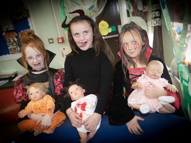 P5 pupils Leyla, Eva and Ada pictured on Friday. : .