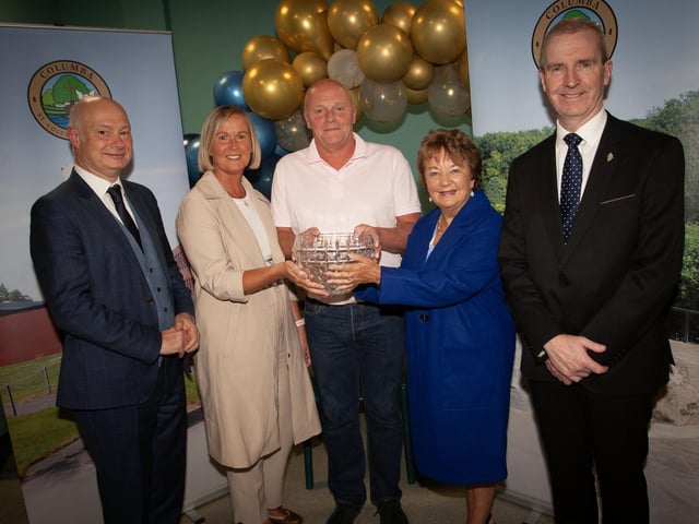 Parents of Aidan King receiving the John McDaid Memorial Prize from Mrs. Marguerite Hamilton, board of governors at the St. Columb's College Prizegiving last week. Included are Professor Paul Bartholomew, Vice Chancellor, University of Ulster and FJM Madden, Principal. 