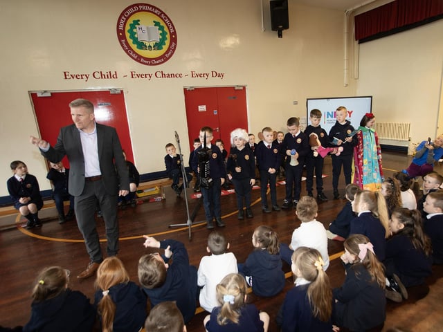 Children's Commissioner Chris Quinn giving pointers to pupils at the school assembly on Thursday morning in Holy Child PS.