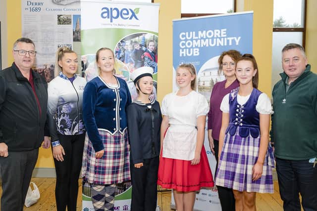 Pictured at Culmore Literary Festival's closing event are Sir James Kee OBE and Georgina Kee and dancers from Sollus Highland Dancers; Una Cooper, Manager of Culmore Community Partnership; and Sean Carlin, Apex Good Relations Officer.
