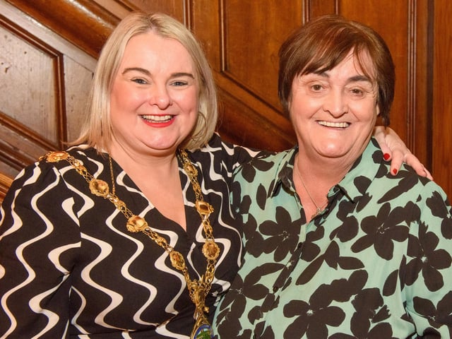 Philomena Duffy with the Mayor Councillor Sandra Duffy who once again welcomed people to the Guildhall as she hosted another popular Derry City and Strabane District Council Tea Dance. Picture Martin McKeown. 09.11.22:.:The Mayor's Tea Dance