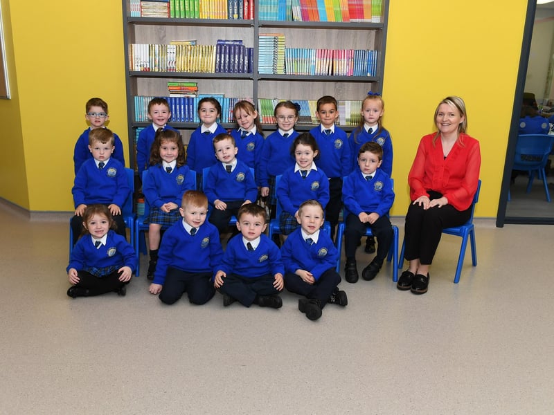 Mrs McNicholl with her P1 class at Our Lady of Fatima Primary School.