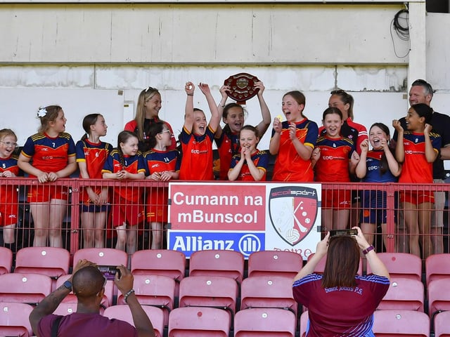 Cumann na mBunscol Doire Girls Championship Finals Day at Celtic Park: Plate winners Steelstown Primary School. Photo: George Sweeney