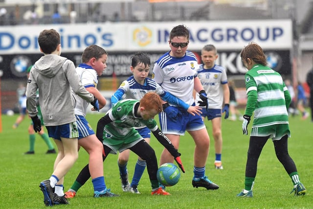 Young footballers from Faughanvale and Ballinderry playing during the SFC final interval at Celtic Park on Sunday afternoon. Photo: George Sweeney