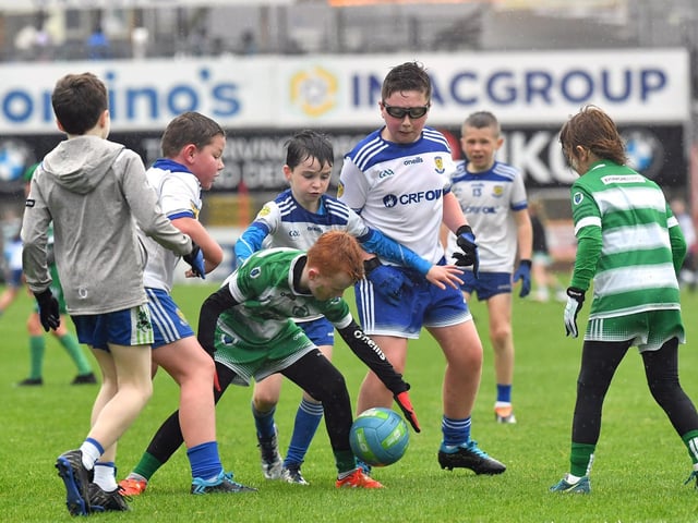 Young footballers from Faughanvale and Ballinderry playing during the SFC final interval at Celtic Park on Sunday afternoon. Photo: George Sweeney