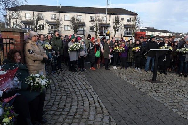 Relatives carry wreaths at the Annual Bloody Sunday Remembrance Service held at the monument in Rossville Street on Sunday morning.  Photo: George Sweeney.