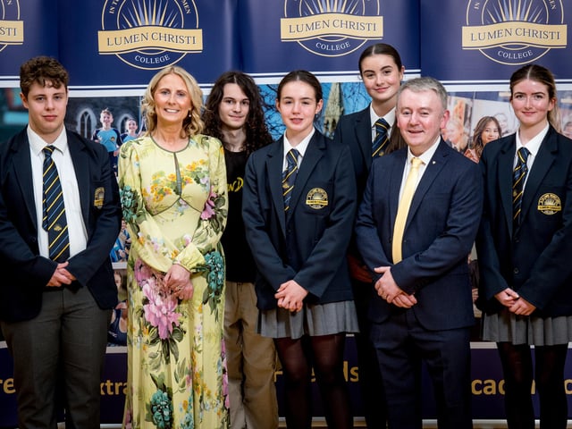 Some of the recipients of the Outstanding Attendance Award. Also pictured Mrs Brónach O’Hare (Vice Principal) & Dr Michael Gormley (Senior Teacher).