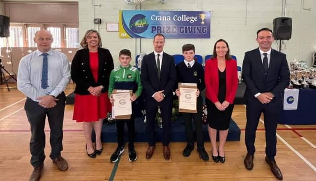 1st Year Scholarship winners, pictured with JJ McDermott, Board of Management, Kevin Cooley - Principal, Sinead Anderson - Deputy Principal, Philip McGuinness - Deputy Principal.