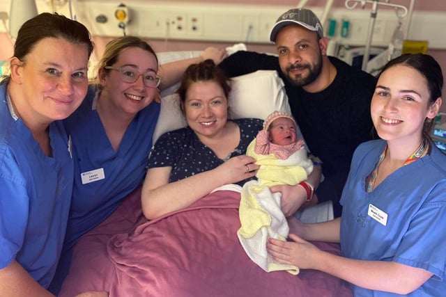 Baby girl McElwee from Strabane born at Altnagelvin Hospital at 1.30am weighing 6lbs 11oz is pictured with mum Arlene, dad Marwan and staff midwives Joanne Russell, Lauren McLaughlin and Meabh Coyle