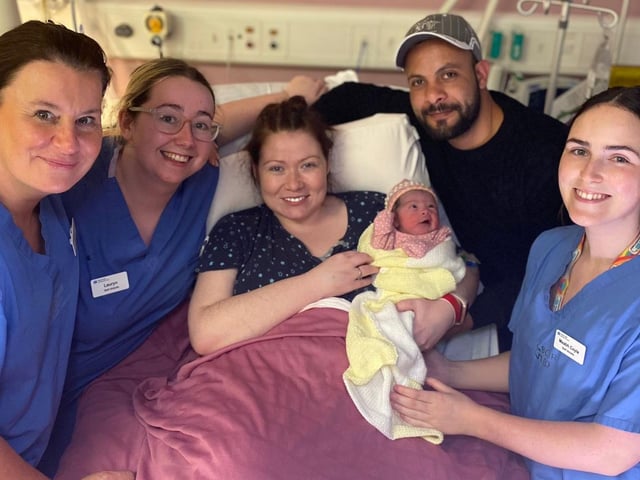 Baby girl McElwee from Strabane born at Altnagelvin Hospital at 1.30am weighing 6lbs 11oz is pictured with mum Arlene, dad Marwan and staff midwives Joanne Russell, Lauren McLaughlin and Meabh Coyle