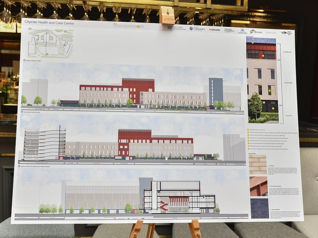 Project designs for the WHSCT’s development proposal for a Cityside Health and Care Centre, at the former Fort George site, displayed at an public Consultation Event held in Da Vinci’s Hotel. Photo: George Sweeney