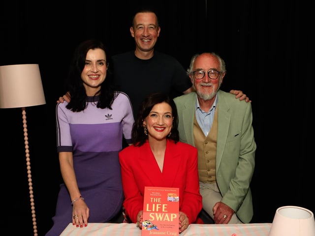 Jeananne Craig, author with her dad Jim, sister Marianne and brother Johnny at the launch of her first novel, published by Hachette Books Ireland, “The Life Swap”. (Photo - Tom Heaney, nwpresspics)