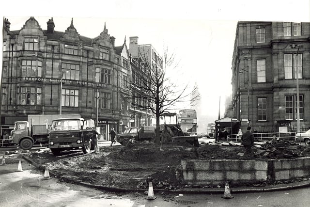 The scene at the Leopold Street roundabout, Sheffield,  which was being cleared to make way for traffic alterations in January 1971