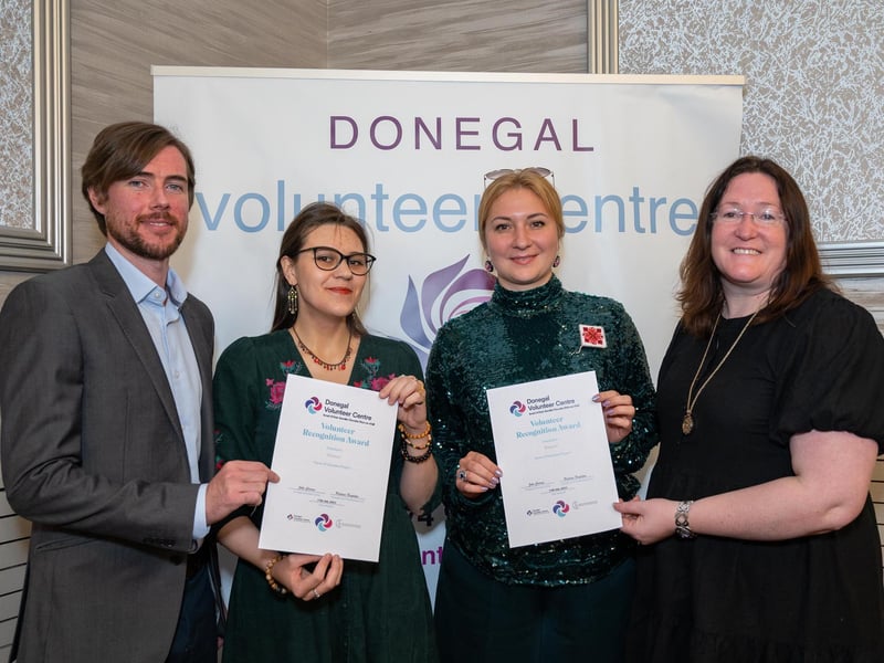 Shane McBride, Donegal Volunteer Center,  Alievtina Rudenko, Hanna Pidkaliuk, Ukranian Community Group Buncrana and Christian O'Donnell, Donegal County Council at the Annual Donegal Volunteer Awards in the Radisson Hotel Letterkenny on Thursday last.  Photo Clive Wasson.
