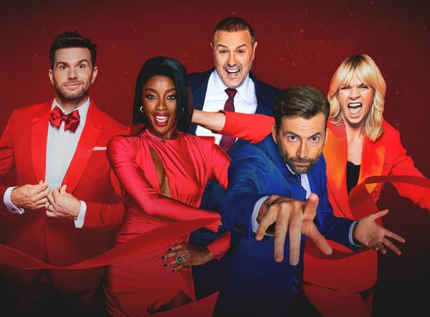 Joel Dommett, AJ Odudu, Paddy McGuinness, David Tennant and Zoë Ball