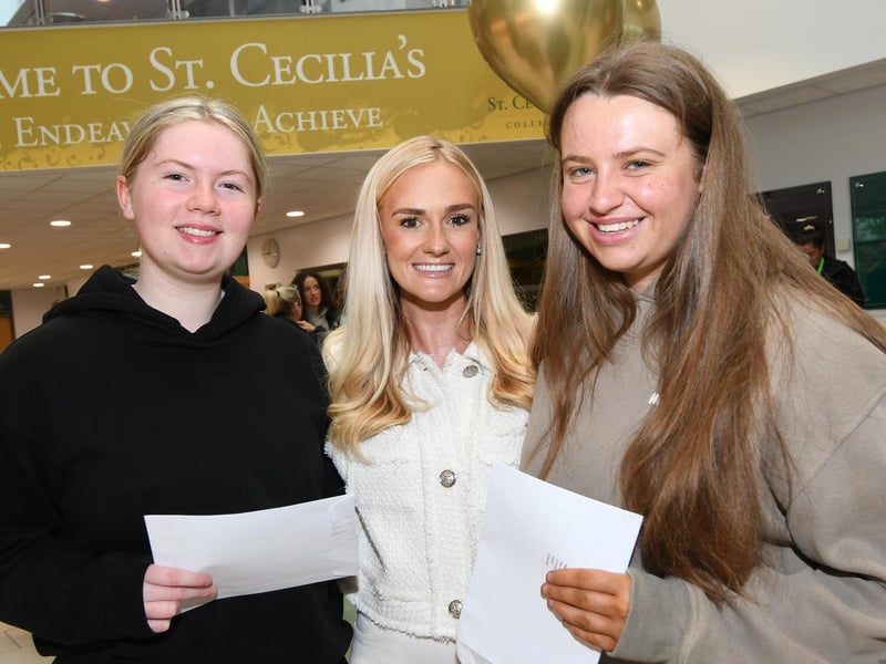 Katie Boyle, teacher, pictured with former students Rionach Barr and Ava Doherty, when they collected their 'A' Level Results at St. Cecilia's College.