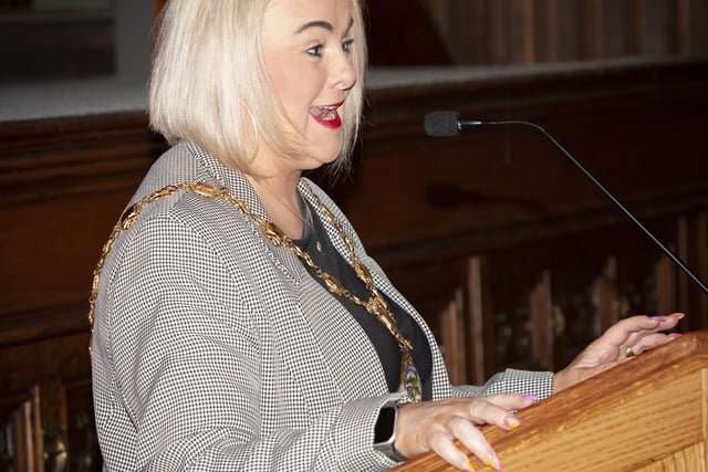 The Mayor, Sandra Duffy addressing the attendance at Friday evening’s reception in the Guildhall for Don Bosco FC who celebrated 50 years.
