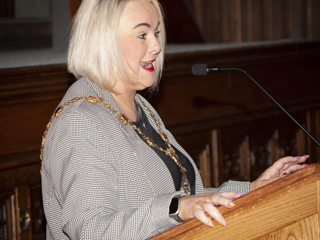 The Mayor, Sandra Duffy addressing the attendance at Friday evening’s reception in the Guildhall for Don Bosco FC who celebrated 50 years.