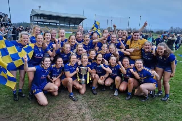 Steelstown Ladies celebrate their victory over Glenavy in the Ulster Ladies Intermediate Football Championship Final at the weekend.