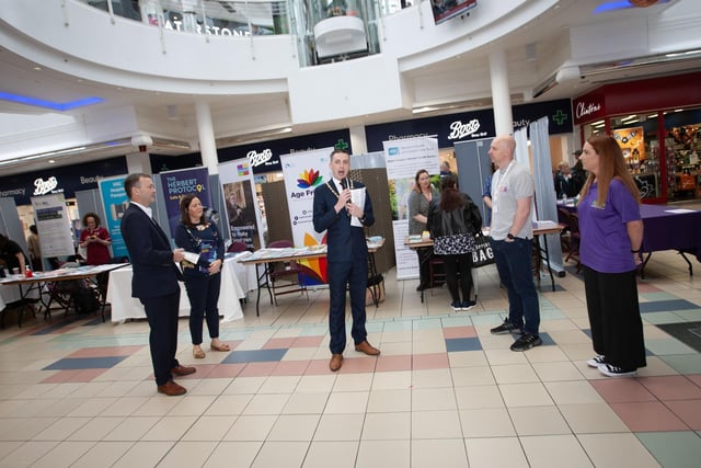 The Deputy Mayor of Derry City and Strabane District Council, Jason Barr speaking at the start of Thursday's DEEDS (Dementia Engaged and Empowered Derry and Strabane) 'One Stop Shop' for information on dementia at Foyleside Shopping Centre, Derry. The event, to mark World Alzheimer's Day, organised by the Old Library Trust/DEEDS and saw numerous stalls, well attended by passers-by who saw experts in line to give advice on dementia and how it affects our everyday lives.