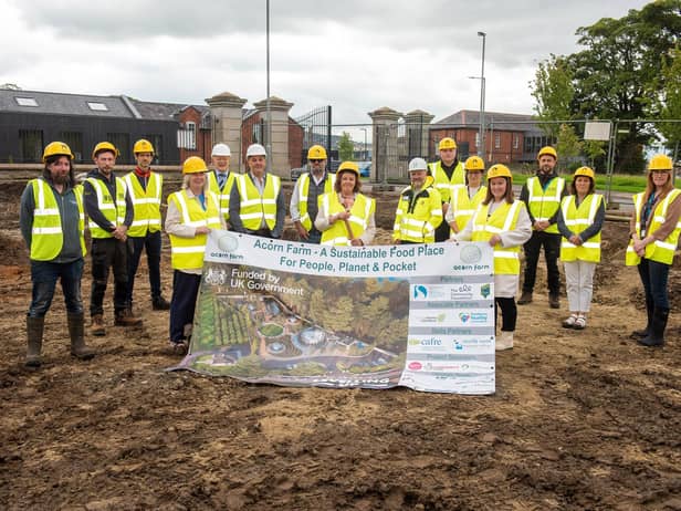 The Mayor Councillor Patricia Logue pictured with stakeholders at the site of the new Gate Lodge which will be constructed at the entrance to St. Columb’s Park in the Waterside  as part of the Acorn Farm which will be a sustainable food place for people, planet and pocket. Included are, Conor O’Kane Social Farms and Gardens , Robert Arbuckle, Conservation Volunteers, Allan Bogle, DCSDC, Shauna Kelpie, Community Foundation for Northern Ireland, Paul McAlister, Architect, Simon Doran, DCSDC, Colin Kennedy, DCSDC, William Doherty, Contractor, Marty McAlister, Park Ranger, Emma Barron DCSDC, Karen McPhillips, DCSDC, Paul Kelly, Park Ranger, Clare O’Kane, Community  Foundation and Cathy Burns, DCSDC.