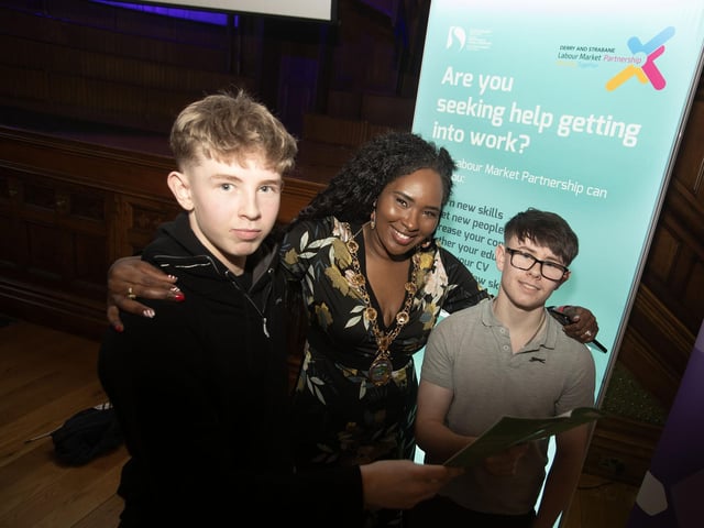 The Mayor, Lilian Seenoi-Barr pictured at the Apprenticeship Fair at the Guildhall on Thursday morning with Matthew McGlinchey and Travis Faulkner, Strabane Academy. (Photos: Jim McCafferty Photography)