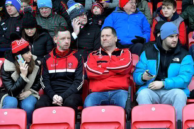 Fans pictured at the Derry v Meath Allianz Football League game at Owenbeg on Saturday. Photo: George Sweeney. DER2308GS – 23