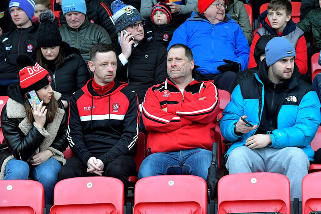Fans pictured at the Derry v Meath Allianz Football League game at Owenbeg on Saturday. Photo: George Sweeney. DER2308GS – 23