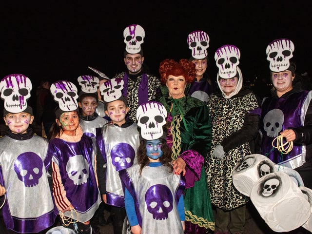 The Mayor Councillor Patricia Logue who with members of her family met with some of the Halloween Carnival Parade participants ahead of the event which the First Citizen led along the banks of the River Foyle. Picture Martin McKeown. 31.10.23