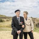 Vicky McClure and her Grandad Ralph visit Cap Manvieux overlooking remains of Mulberry Harbour in France