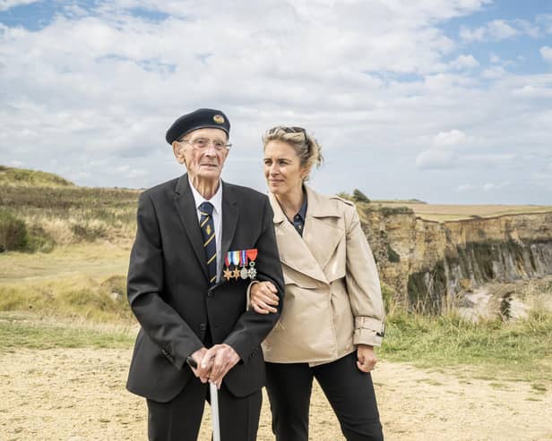 Vicky McClure and her Grandad Ralph visit Cap Manvieux overlooking remains of Mulberry Harbour in France